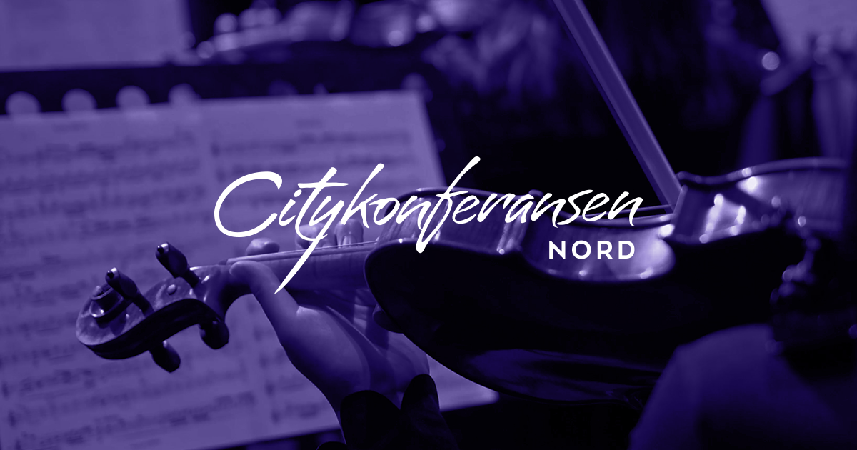 Skilt med teksten Citykonferansen Nord og en violinspiller med noter