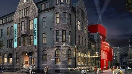 en illustrasjon av museet og teatret i kveldsmiljø