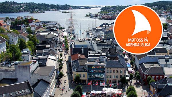 flybilde over arendal sentrum med symbol møt oss på arendalsuka